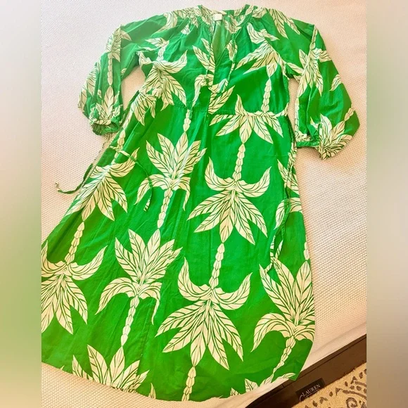 H&M Cotton Green & White Palm Leaf Tie Midi Maxi Long Sleeve Dress - Picture 3 of 14